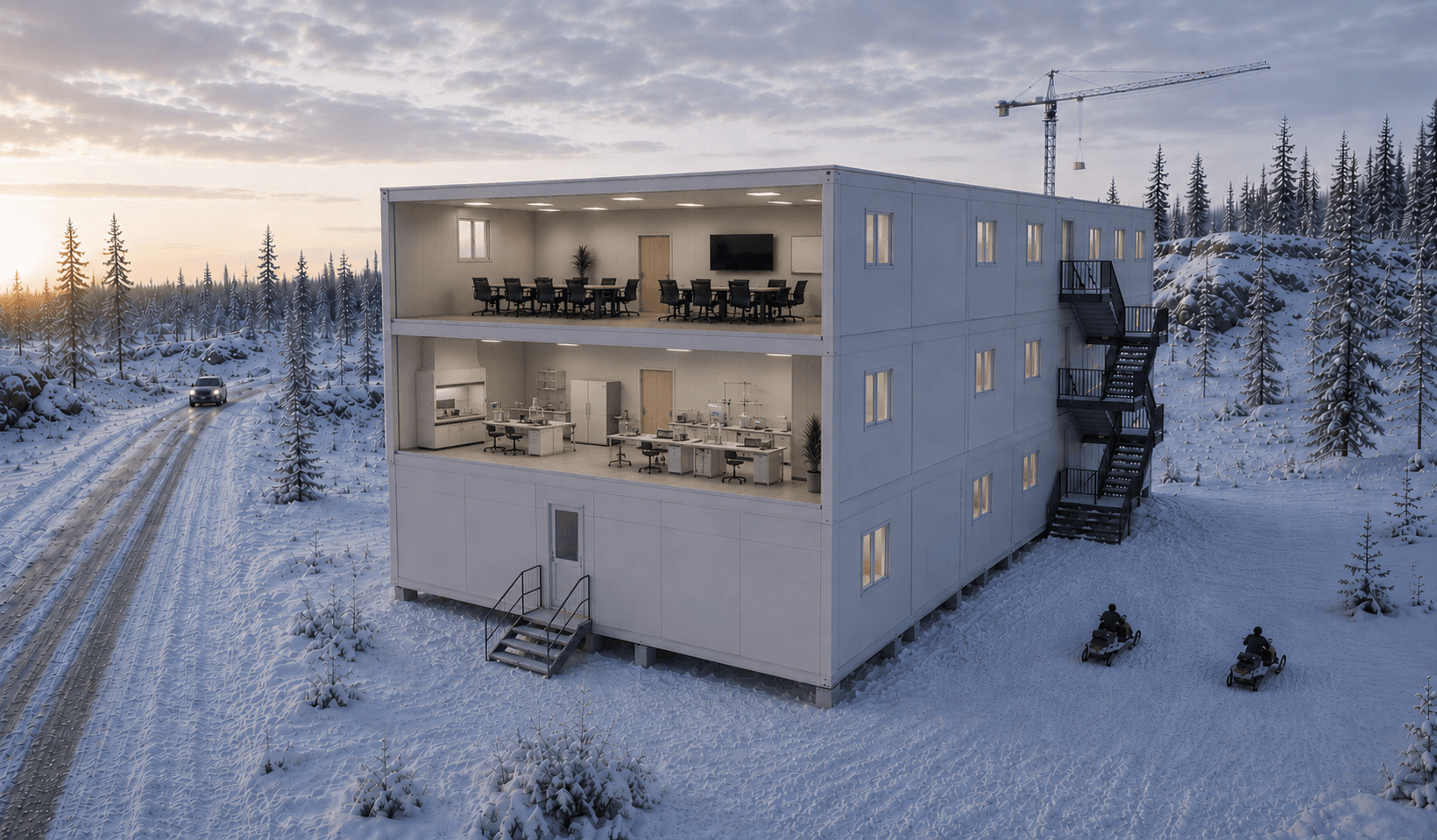 Module trois étages — espaces professionnels et laboratoire en milieu nordique