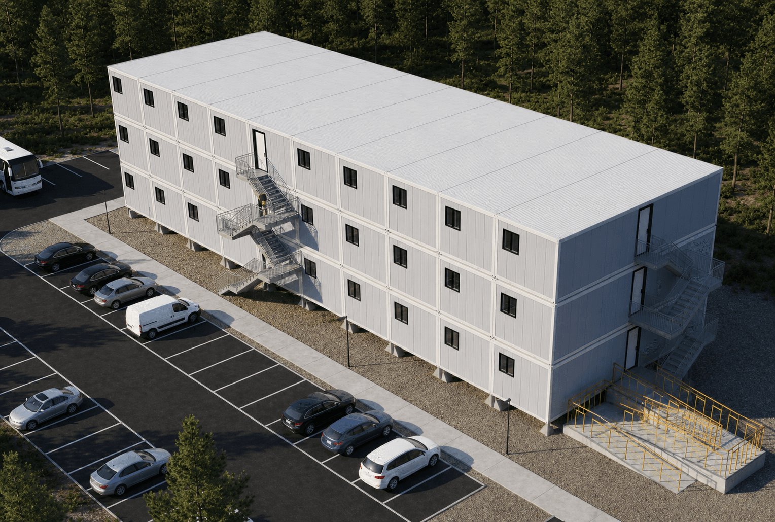 Modules d'habitation empilés — environnement nordique industriel