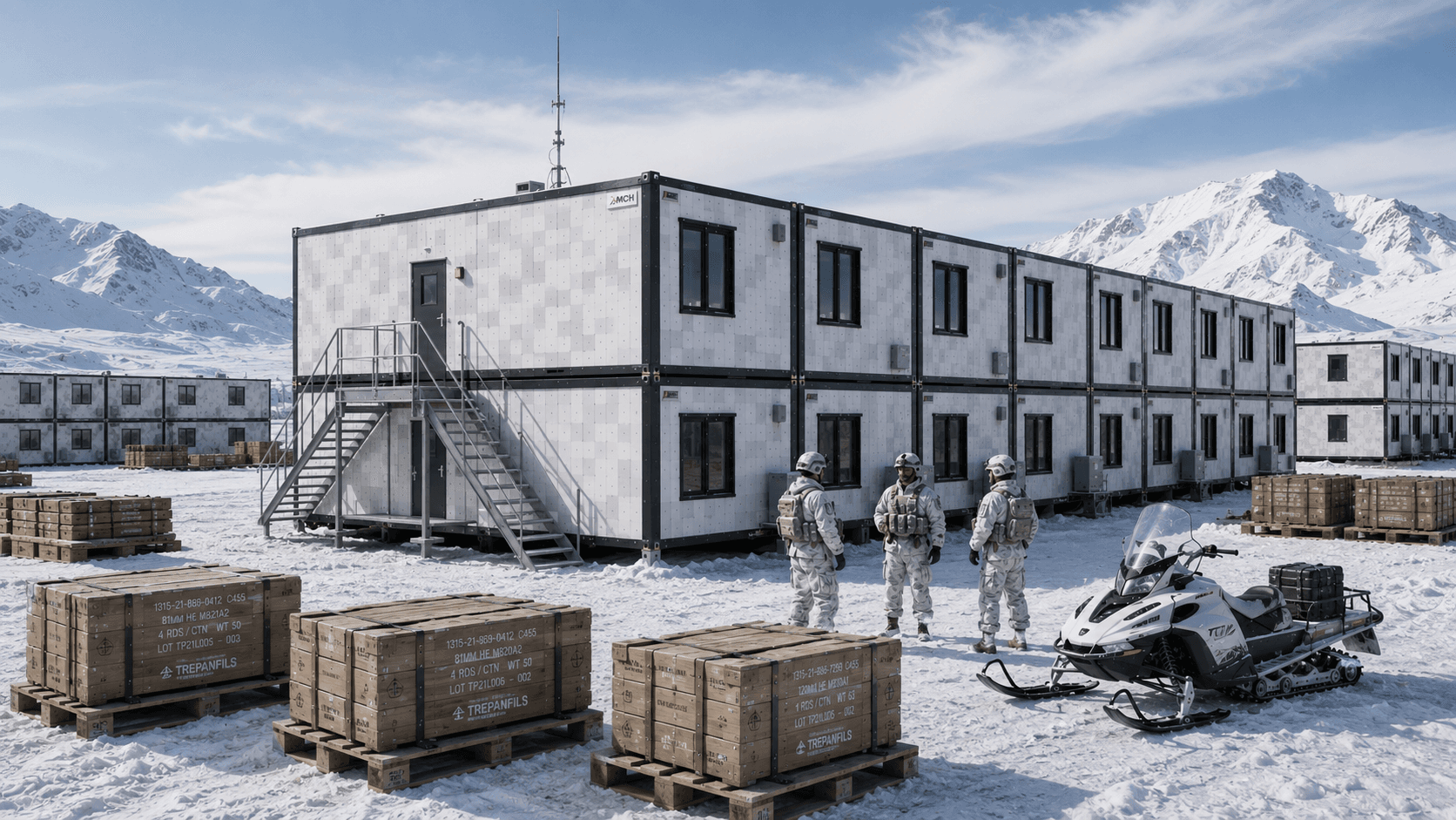 Village modulaire en montagne arctique — logement travailleurs à grande échelle