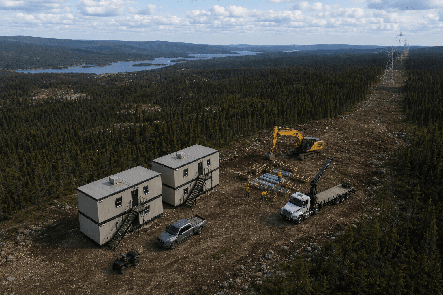 Vue aérienne d'un campement modulaire en forêt boréale — déploiement sur site industriel